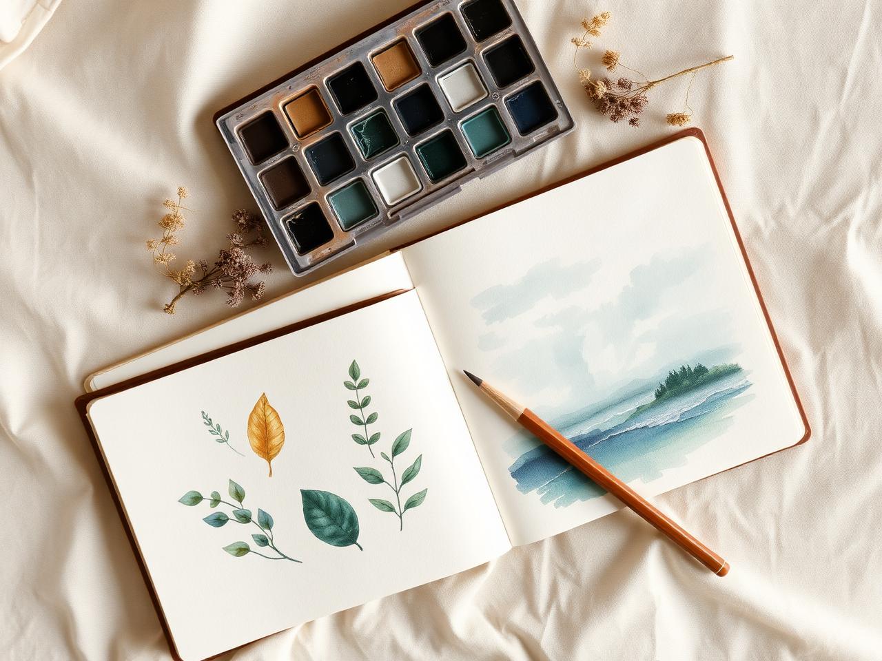 Artist watercolor sketchbook with botanical drawings and a Great Lakes landscape painting